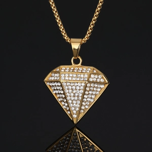 Collana hip hop con ciondolo a forma di diamante placcato oro e cristalli lucidi per uomo