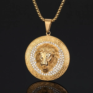 Collier Pendentif Tête De Lion Hip Hop En Acier Inoxydable 316 Plaqué Or Grecque Incrusté Strass Blanc Bijoux Pour Homme