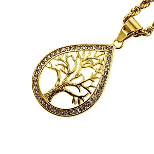 Collier Arbre de Vie en acier inoxydable plaqué or 316L avec pendentif goutte en cristal
