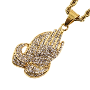 Hip hop praying hands pendant necklace with full rhinestones and golden rope chain