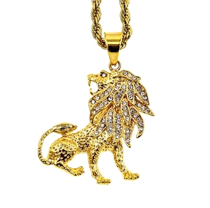 Ciondolo Testa di Leone in Acciaio Inossidabile Hip Hop Solo Senza Catena per Uomo Oro Strass Animale Punk Gioielli