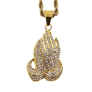 Hip hop praying hands pendant necklace in gold finish with sparkling cubic zirconia