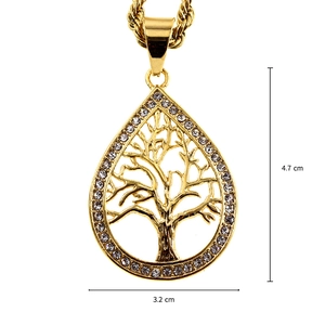 Pendentif arbre de vie en acier 316L doré avec cristaux blancs et chaîne torsadée