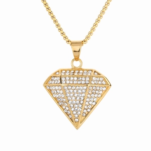 Collana hip hop in acciaio al titanio placcato oro con ciondolo a forma di diamante