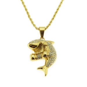 Hip hop shark pendant necklace in gold plating with sparkling pavé cubic zirconia