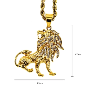 Collana con ciondolo leone hip hop in oro con cristalli bianchi e catena a fune 4,7 cm