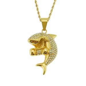 Hip Hop Shark Pave Rhinestone Pendant 316 Stainless Steel Gold Plated Animal Charm Jewelry For Unisex (Pendant Only)
