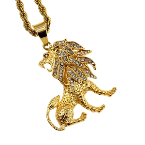 Collana con ciondolo a leone dorato con strass e catena a corda in stile hip-hop