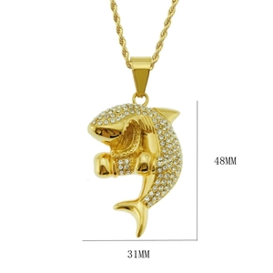 Hip hop style gold dolphin pendant necklace with clear crystals and 48mm dimensions