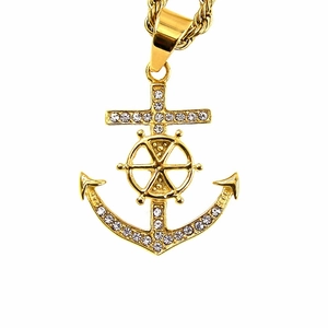 Hip Hop 316 Acier Inoxydable Plaqué Or Pendentif Croix d'Ancre Avec Strass Charme de Barre de Gouvernail Pour Hommes Femmes