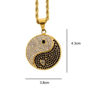 Gold plated Tai Chi Yin Yang pendant necklace with rhinestones, 4.3cm by 3.8cm