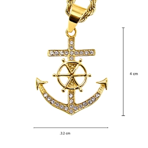 Pendentif ancre HIPHOP plaqué or avec croix et gouvernail sur chaîne torsadée