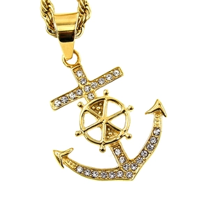 Pendentif ancre et gouvernail de navire plaqué or avec des cristaux blancs étincelants