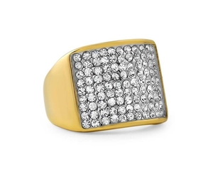 Bague hip-hop plaquée or en acier inoxydable avec zircons cubiques rectangulaires