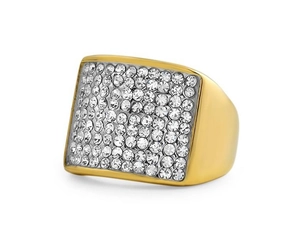 Chevalière pour homme style hip-hop plaquée or avec pavage de strass blancs brillants