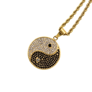 Gold plated stainless steel rope chain necklace with iced out Yin Yang pendant