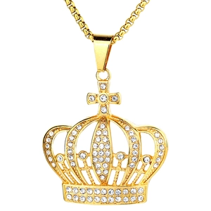 Collier hip hop avec pendentif couronne dorée serti de cristaux brillants et chaîne