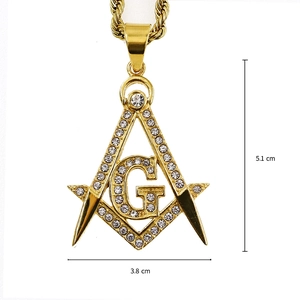 Gold-plated Masonic pendant with G symbol and iced-out rhinestones on a rope chain