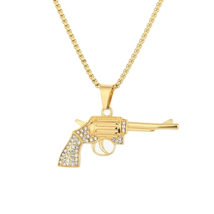 Hip hop style gold plated revolver pendant necklace with sparkling rhinestones on box chain