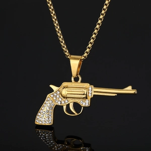 Hip Hop 316 Stainless Steel Revolver Gun Pendant Gold Plated Iced Out Rhinestone Pistol Charm Jewelry Pendant Only