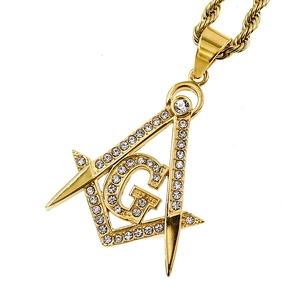 Hip hop gold plated Freemasonry square and compass pendant with iced out rhinestones