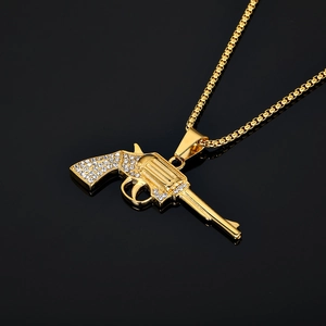 Hip hop style gold revolver pendant necklace with sparkling crystals and box chain