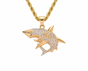 Hip hop haaien hanger ketting verguld met kristallen op een gedraaide touwketting