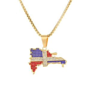 Pendentif carte République Dominicaine hip hop en or avec strass colorés et chaîne à maillons