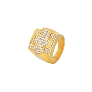 Bague hip hop en acier inoxydable plaqué or avec micro-pavage de croix en zircons