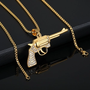 Hip hop gold revolver gun pendant with sparkling stones on solid box chain
