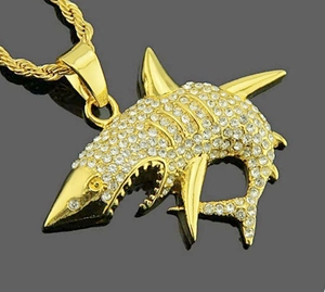 Hip hop vergulde haai hanger ketting met fonkelende kristallen en gedraaide schakelketting