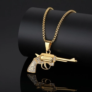 Hip hop gold plated revolver pendant necklace with sparkling crystal inlay for men