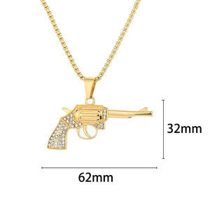 Detailed view of hip hop revolver pendant necklace with white rhinestones and bead chain