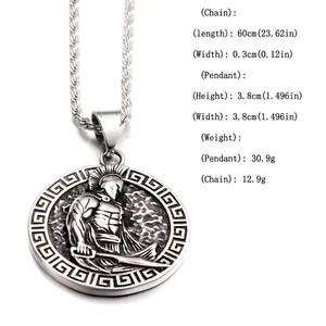 Retro Titanium Steel Spartan Warrior Round Pendant Necklace for Men and Women