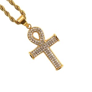 Vintage vergoldeter Ankh Kreuz Anhänger Halskette mit Kristallen und Torsadekette