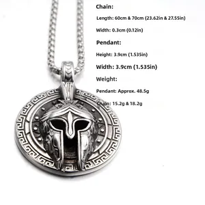 Detail of vintage spartan helmet pendant on square link chain with greek fret pattern