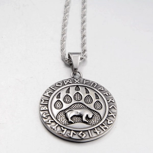 Collana con Ciondolo a Zampa d'Orso Vichingo Nordico Rune Bussola Moneta Rotonda Acciaio al Titanio Gioielli Retro per Uomo Donna