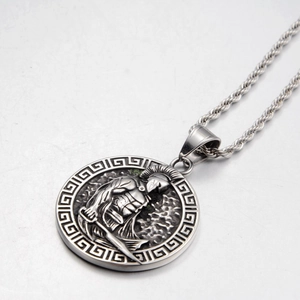 Retro stainless steel Roman warrior pendant necklace with Greek key pattern border
