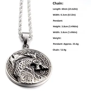 Détails des dimensions du pendentif tête de loup viking avec collier torsadé
