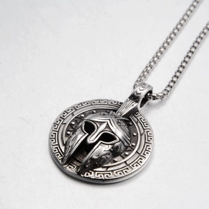 Vintage Spartan helmet pendant necklace in antique silver steel with Greek fret border