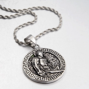 Spartan warrior medallion necklace with retro silver finish on heavy duty rope chain
