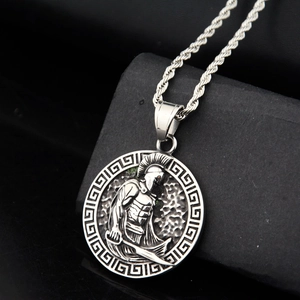Titanium steel Roman warrior round pendant necklace with Greek key pattern border