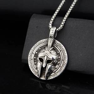 Spartan helmet pendant necklace in vintage titanium steel with Greek meander pattern