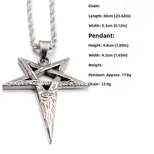 Detailed close-up of a stainless steel pentagram pendant with Horus Eye on rope chain