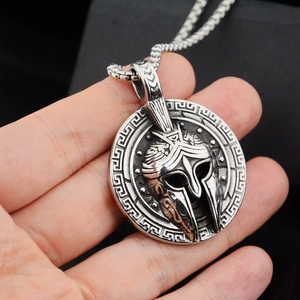 Vintage Spartan helmet pendant necklace in silver stainless steel with box chain