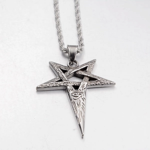 Detailed view of silver star pendant featuring Eye of Horus on textured background