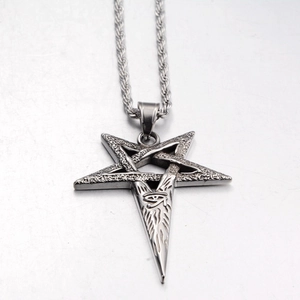 Macro shot of stainless steel pentagram pendant with Eye of Horus and rope chain detail