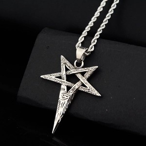 Vintage stainless steel pentagram necklace with Eye of Horus charm on twisted rope chain