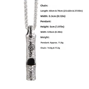 Detail view of vintage whistle pendant necklace with Celtic knot engraving and dimensions