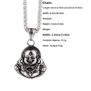 Vue détaillée du pendentif Bouddha rieur en acier inoxydable avec texte de dimensions
